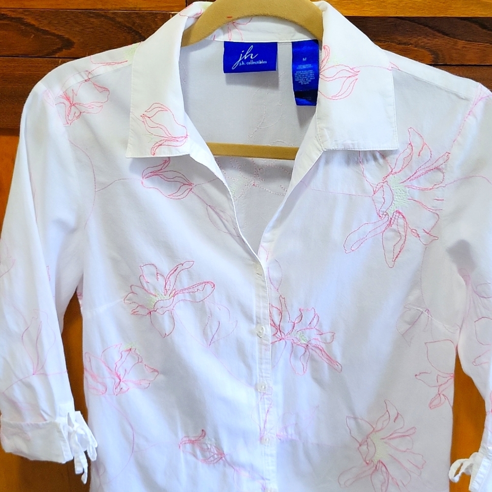 JH Collectibles.White w/Pink & Lime Green Embroidery.  Medium. 3/4 …